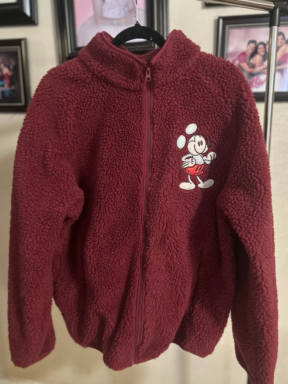 Disney Mickey Mouse Jacket Women Large Burgundy Sherpa Fleece Full Zip Patch